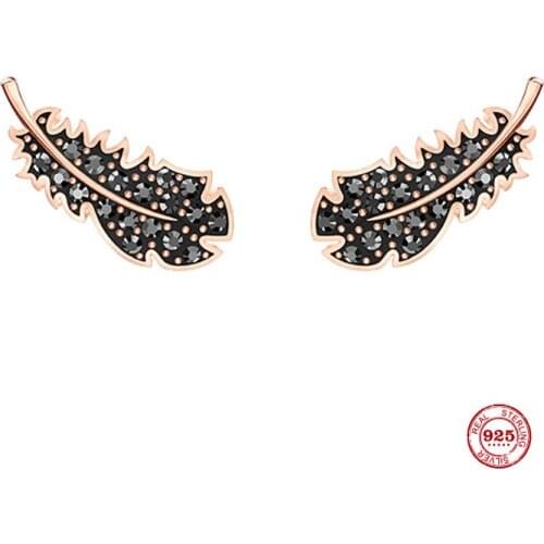 Fashion Charm Sterling Silver Original 1:1 Replica, Black Light Feather Elegant Elegant Stud Earrings Women Luxury Jewelry Gifts