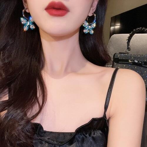TIMEONLY Temperament Blue Gold Color Butterfly Drop Earring Bling Bling Rhinestones Earrings for Women Girlfriend Jewellery