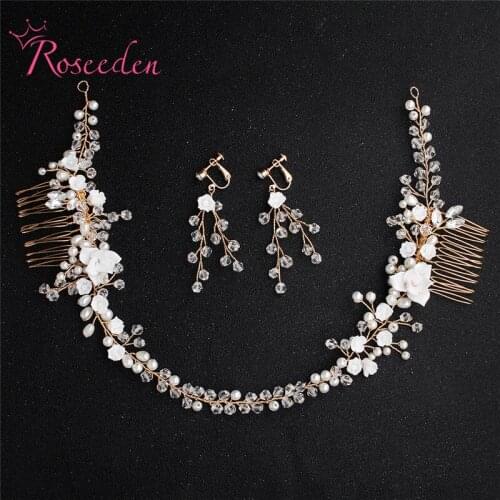 100% Handmade Crystal Long Wedding Hair Comb Dangle Earrings Gold Bridal Headband Headpiece Girls Women Jewelry RE3431