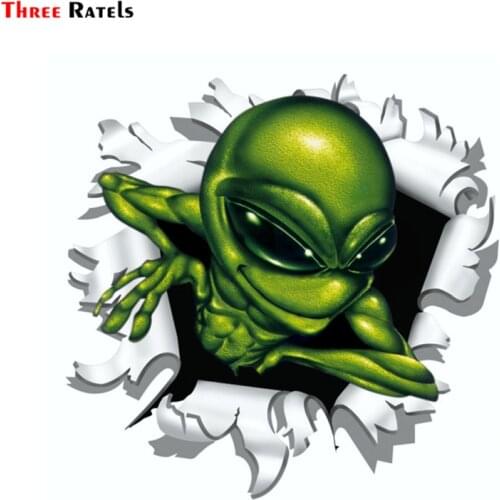 Three Ratels FC99 3D Ripped Torn Bullet Hole Design Motive Green Alien Vinyl Motorcecly Car Sticker Decal For Window Door Laptop