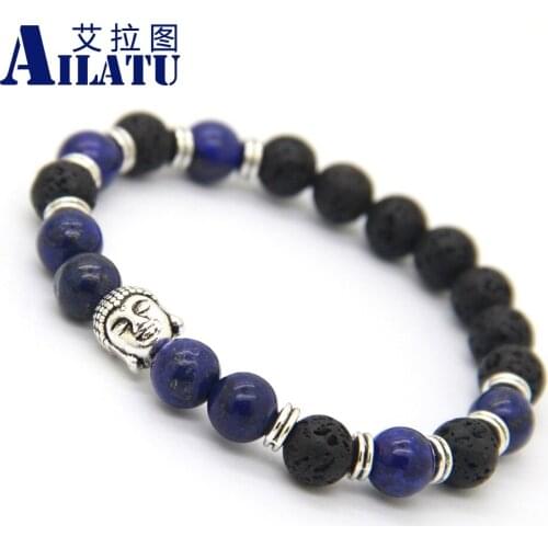 Ailatu 8mm Lapiz Lazuli Stone Beads Mature Men Buddha Head Energy Yoga Meditation Bracelet Party Gift Jewelry