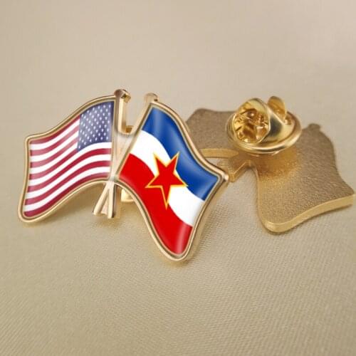 United States and Yugoslavia Crossed Double Friendship Flags Lapel Pins Brooch Badges
