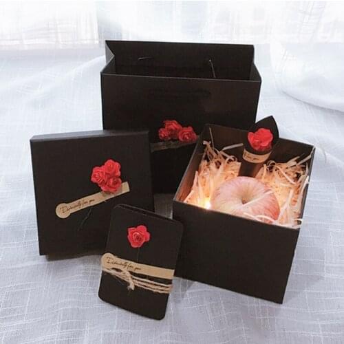 Black Kraft Paper Gift Box with Roses Simple Design Present Container with Lid Multipurpose for Christmas Graduations