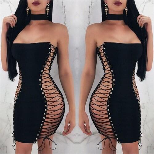 Black Strapless Sexy Bandage Dresses 2020 Women Summer Sleeveless Hollow Out Lace Up Party Bodycon Mini Dress Clubwear Vestidos