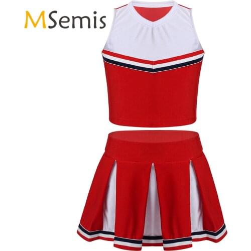 Kids Girls Cheerleader Costume Outfit Sleeveless Crop Top with Pleated Skirt Set for School Stage Performance Cosplay Party