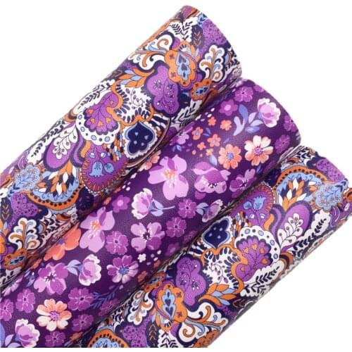 Purple Flowers Printed Artificial Faux Leather Vinyl Fabric Sheet Felt Backing Synthetic Leather Faux Vinil DIY A4 SIZE 6S67