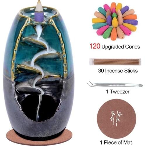 Ceramic Backflow Incense Holder Waterfall Incense Burner Aromatherapy Ornament Home Decor with 120 Cones + 30 Incense Stick