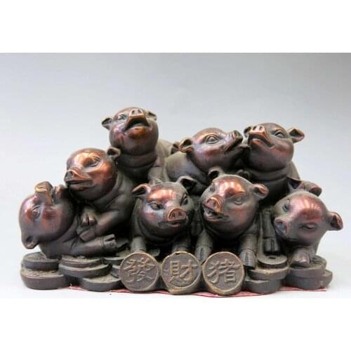 China bronze sculpture carved red copper Feng Shui money lucky eight pigs Statue