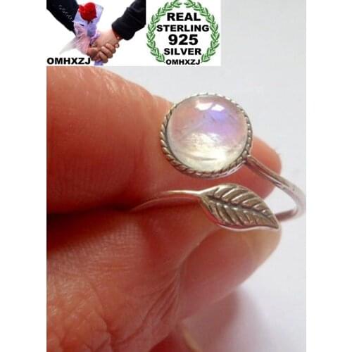 OMHXZJ Wholesale European Fashion Woman Girl Party Wedding Gift Silver Leaf White Moonstone 925 Sterling Silver Ring RR228