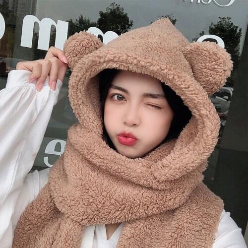 Solid Color Women Cute Cartoon Thick Hats Ear Protectors Warm Plush Hat With Small Cute Ears Scarf Two-piece Sets For Ladies Cap
