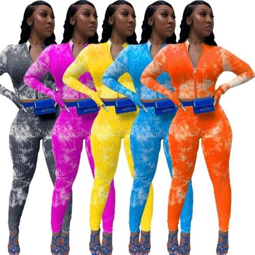 Echoine Autumn Women Tie-Dye Print Ribbed Knitted Set Zipper Sweater Tops Pants Suit Tracksuit Matching Two Piece Set Outfits
