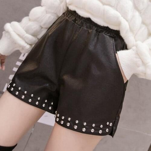 LJSXLS Autumn PU Leather Women Loose Shorts Winter Streetwear Rivet Black High Waist Wide Leg Casual Elastic Female Shorts 2020