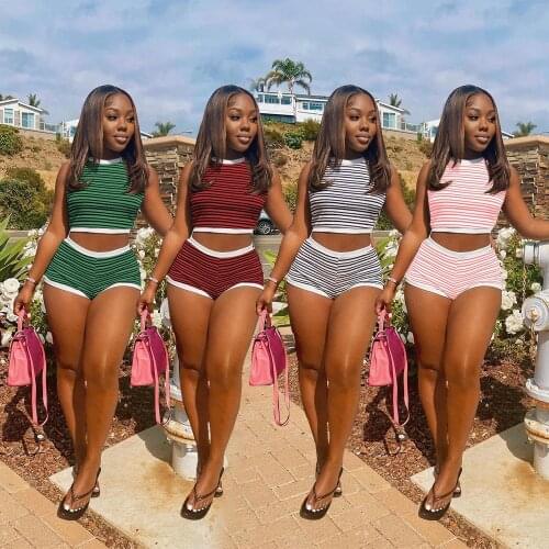 Fashion Striped Two Piece Set Round Neck Sleeveless Vest Sports Biker Shorts Matching Suit Women Summer