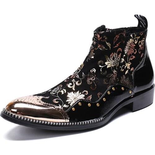 Bota masculina short chelsea ankle boots genuine leather shoes men gold embroidery combat cowboy boots mens pointed toe 2019