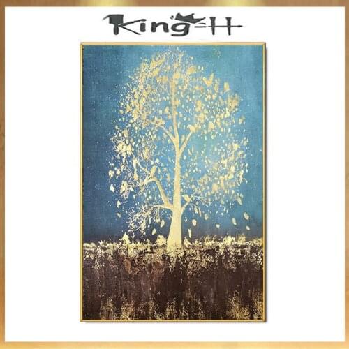 Original wall picture home decoration Handmade abstarct oil painting acrylic gold foil tree blue back poster for living ro
