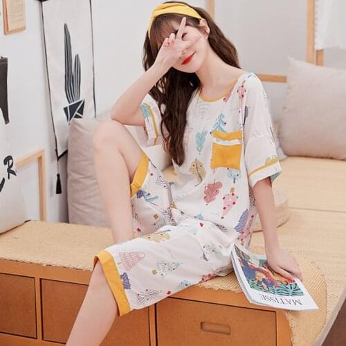 Large Size Pajamas For Women New Print Sleepwear Set Short Sleeve Cropped Trousers Home Suit Loose Nightwear Pijama Mujer