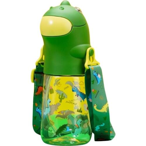 560ml Cartoon Dinosaur Shaped Kids Water Bottle with Silicone Straw Shoulder Strap Leak Proof Children School Kettle
