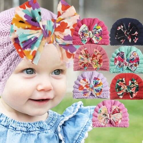 Big Bowknot Baby Girl Hat Floral Print Kids Hat Beanies Soft Cotton Autumn Winter Children Cap Infant Toddler Cap Bonnet