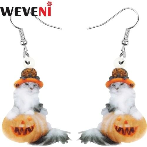 WEVENI Acrylic Halloween Pumpkin Head Cat Earrings Cute Animal Long Dangle Drop Jewelry For Women Girls Teen Funny Festival Gift