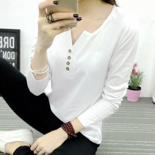Women Long-sleeved t shirt female autumn new European style v-collar solid color primer shirt Tops & Tees
