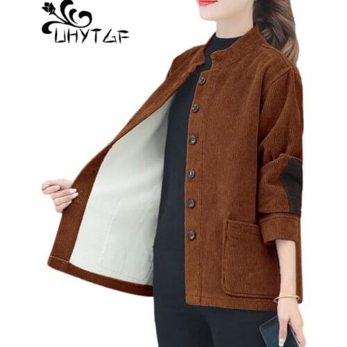 UHYTGF Plus Velvet Thicken Autumn Winter Jacket Women Vintage Corduroy Casual Warm Short Coat Elegant Mother Large Size Top 1238