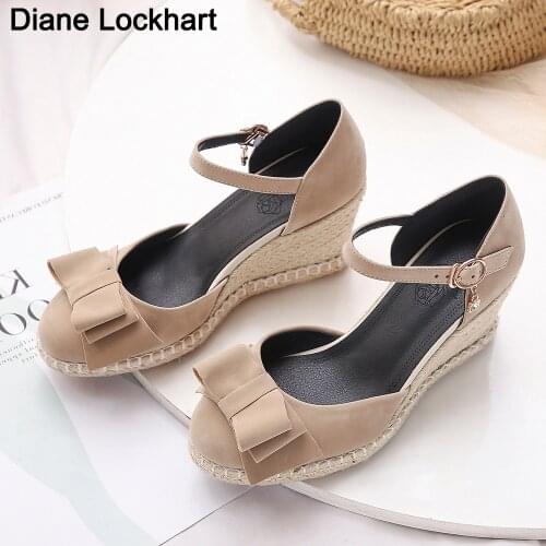 Women Bow Tie Espadrilles Leisure Wedges High Heels Lady Pumps Foothold Shoes Heel Slip On Round Toe for Femme Chaussures 32 33
