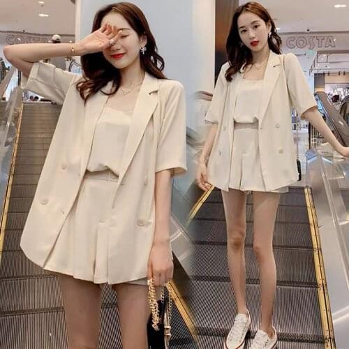 2020 New Summer Fashion Women Solid Blazer High Waist Pants Three Piece Sets Female Style Version Loose Cotton Linen Suits H145