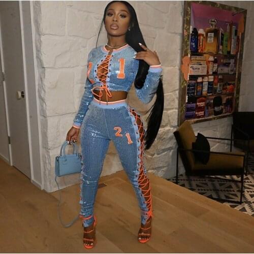 Fashion Autumn Sequins Two-pieces Sets Womens Streetwear Number Print Cross Tied Up Crop Tops+High Waist Pencil Trousers