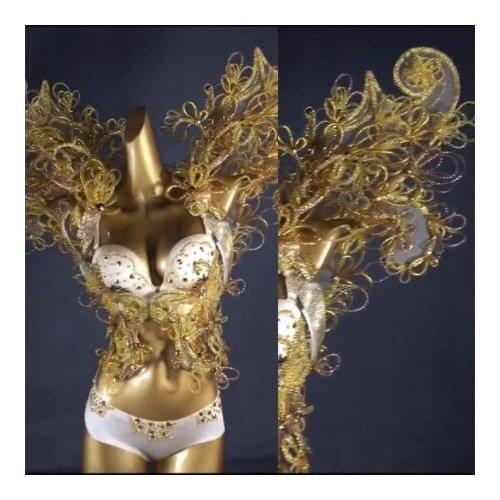Golden wings bikini women Sexy stage shows catwalk white Golden bright silk Rhinestonean gel wings costumes Bikini set