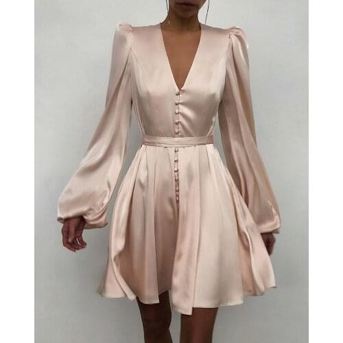 2020 Women Fashion Elegant Spring Autumn Solid Plain Puff Sleeve Ruched Button Front Shirt Dress V Neck Long Sleeve