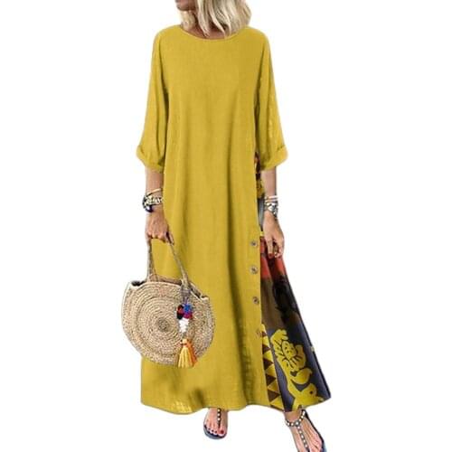 Plus Size Sexy Women Summer Vintage O Neck 3/4 Sleeve Side Buttons Printed Loose Long Lady Dresses