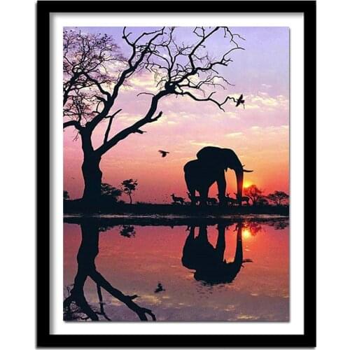 5D Diamond Embroidery Tree Animals Full Round Diamond Painting Cross Stitch Sunset Landscape Full Square Diamond Elephant Resin