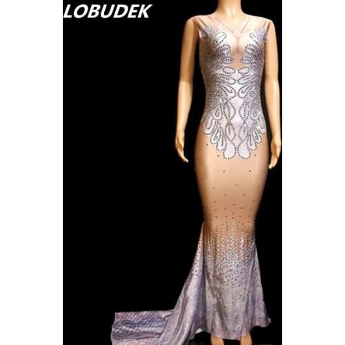 2019 Summer Women Fishtail Dress Party Birthday Celebration Rhinestones Trailing Long Dress Sexy Stars Singer Host Stage Costume