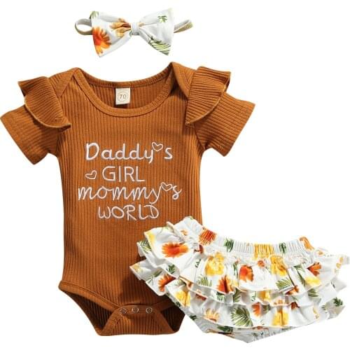 New Baby Girls 3Pcs Summer Outfits, Short Sleeve Knit Letter Romper + Shorts + Headband Set