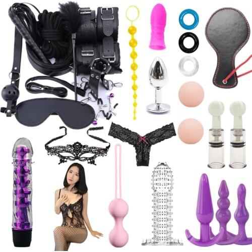 30pcs Nylon & Leather Erotic Handcuffs Set Sex Toys For Women Bdsm Bondage Sex Mask Anal Plug Dildo Vibrator Adults Toys