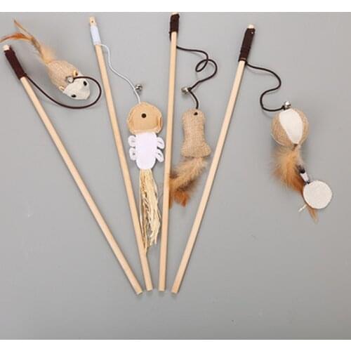 40cm Pet Cat Teaser Toys Feather Linen Wand Cat Catcher Teaser Stick Cat Interactive Toys Wood Rod Mouse Toy