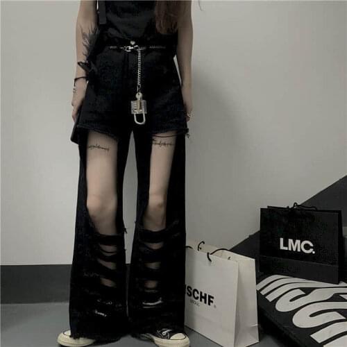 Summer New Harajuku Black High Waist Jeans Pants Women Hip-hop Street High Waist Ripped Beggar Pants Straight Loose Jean Trend
