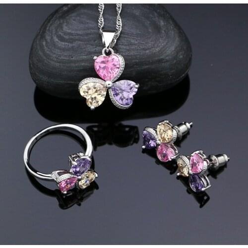 Heart Shape Stones 925 Silver Bridal Jewelry Sets Multicolor Cubic Zirconia For Women Wedding Earrings Pendant Necklace Ring