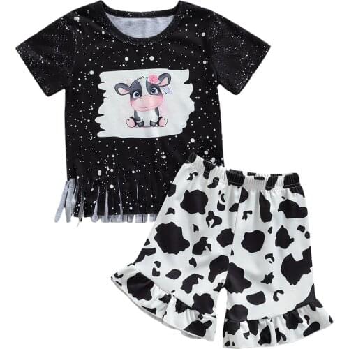 OPPERIAYA Toddler Baby Girls 2Pcs Summer Cotton Outfits Short Sleeve Tassel Cartoon Cow Print T-Shirts Ruffle Shorts Casual Set