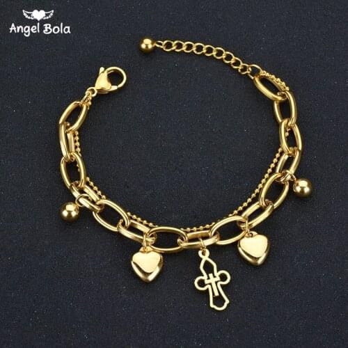 Trendy Christian Jewelry Multilayer Chain Heart Cross Gold Color Bead Stainless Steel Bracelets for Women Gift Drop Shipping