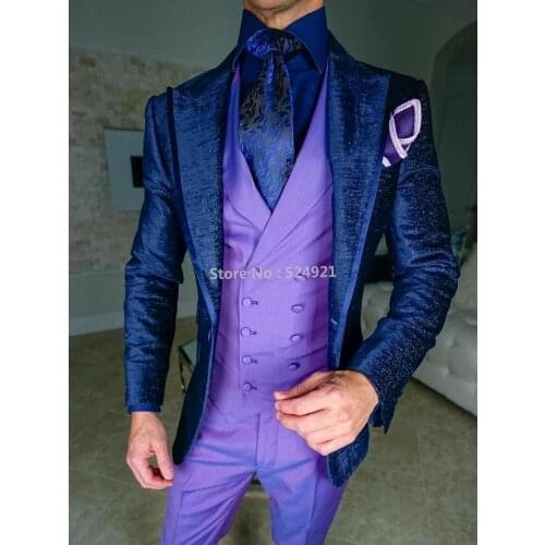 New Style Men Suits Shiny Navy Blue Purple Groom Tuxedos Peak Lapel Groomsmen Wedding Best Man ( Jacket+Pants+Vest+Tie ) C963