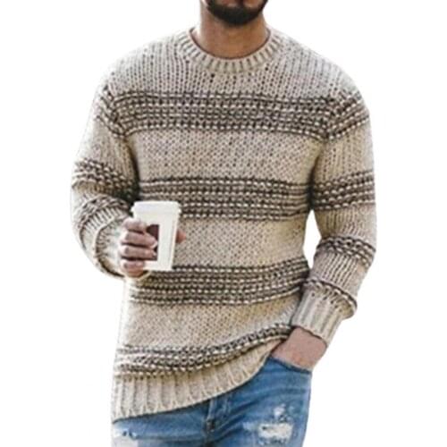 Long Sleeve Men Sweater Striped Print Casual O Neck Stretchy Knitted Pullover Sweater Streetwears