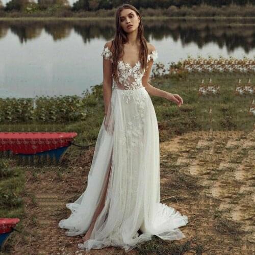 Charming Wedding Dresses Tulle Slide Split Appliques V-Neck Sleeveless Backless A-Line Bridal Gowns Novia Do 2021 New Party