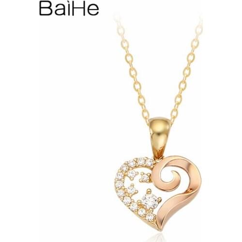 BAIHE Solid 18K Yellow Rose Gold 0.10ct Round Natural Diamond Women Wedding Fine Jewelry Delicate design diamond heart Necklaces