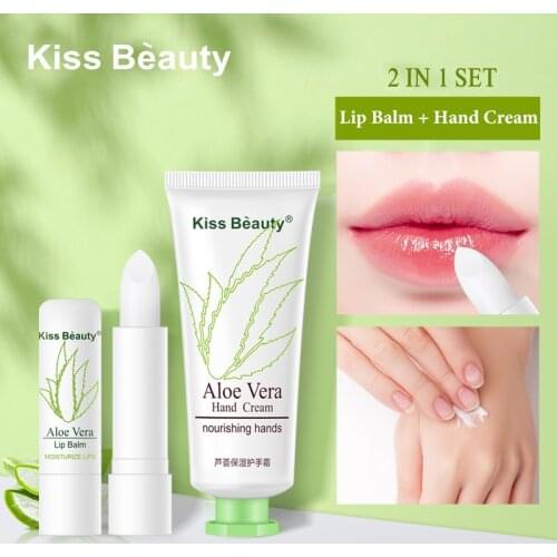 KISS BEAUTY Aloe Vera Lip Balm Hand Cream Set Lip Care Moisturizing Anti-drying Lip Balm Shiny Liquid Lipstick Lip Makeup TSLM2