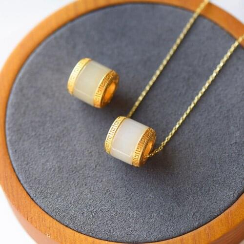 Natural Hetian Jade Lotus Pendant Lucky Beads as Right as Rain S925 Sterling Silver Inlaid Ancient Gold Long-Lasting Color