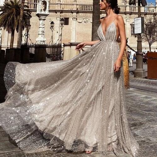 Sevintage Shinny Tulle A Line Backless Evening Dresses V-Neck Spaghetti Straps Beach Prom Gowns Woman Abendkleider Custom Made