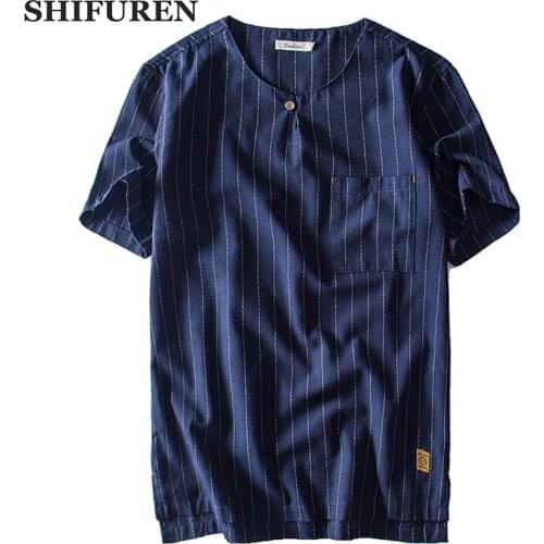 SHIFUREN New Summer Men Cotton Linen Shirts Short Sleeve Soft Breathable Striped Retro Male Dress Shirts Clothes Plus Size M-3XL