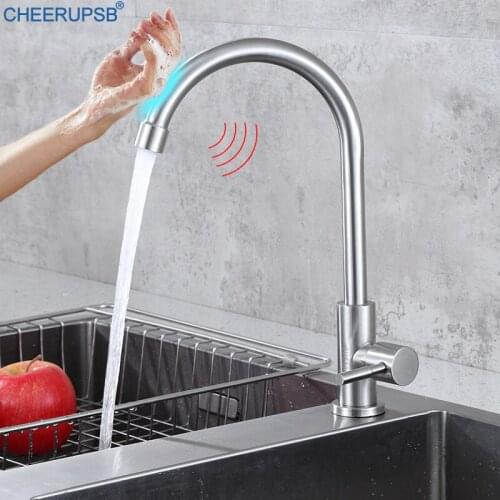 Touch Sensor Kitchen Sink Faucet Single Cold One Hole Deck Mounted Tap Brush Nickel Stainless Steel Auto Sense Induction Grifos