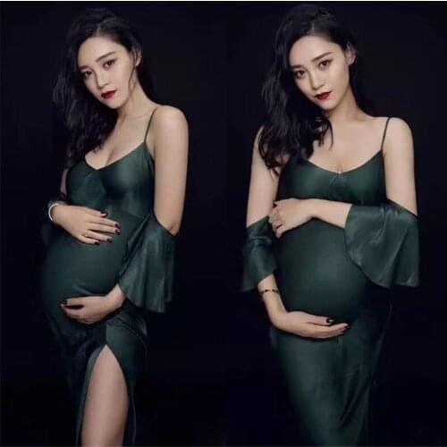 Deep Green Women Photography Props Maternity Dresses Sleeveless Thin Strap Pregnancy Elegant Dress Studio Photoshoot Clothes